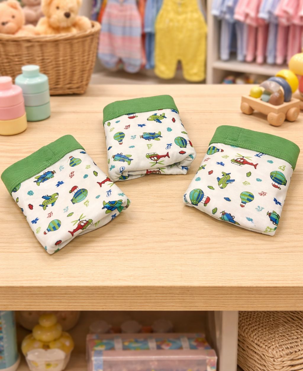 Set 3 boxeri copii, bumbac, green