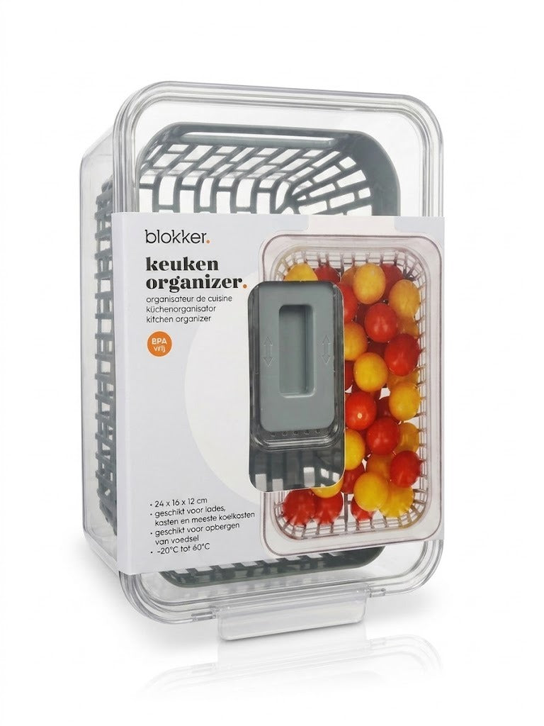 Organizator bucatarie Blokker, recipient depozitare alimente cu cos de scurgere, fara BPA, 24x16x12 cm