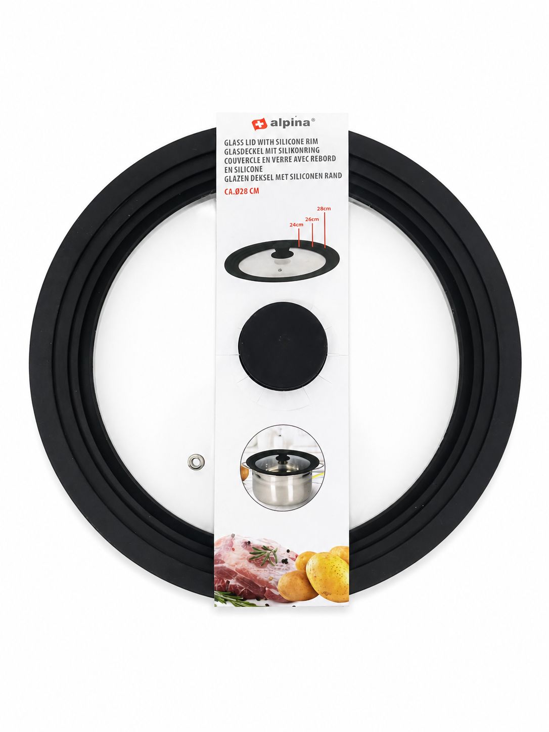 Capac din sticlă cu margine din silicon, diametru 24/26/28 cm, Alpina