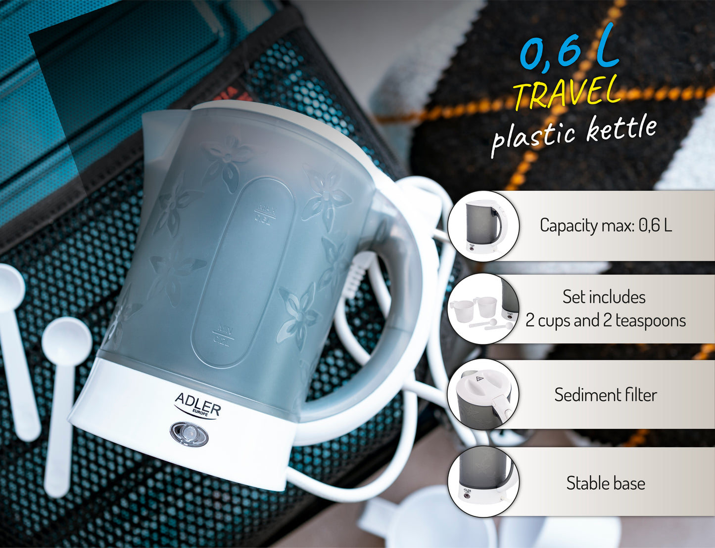 Fierbator electric pentru calatorie 0.6 l Adler