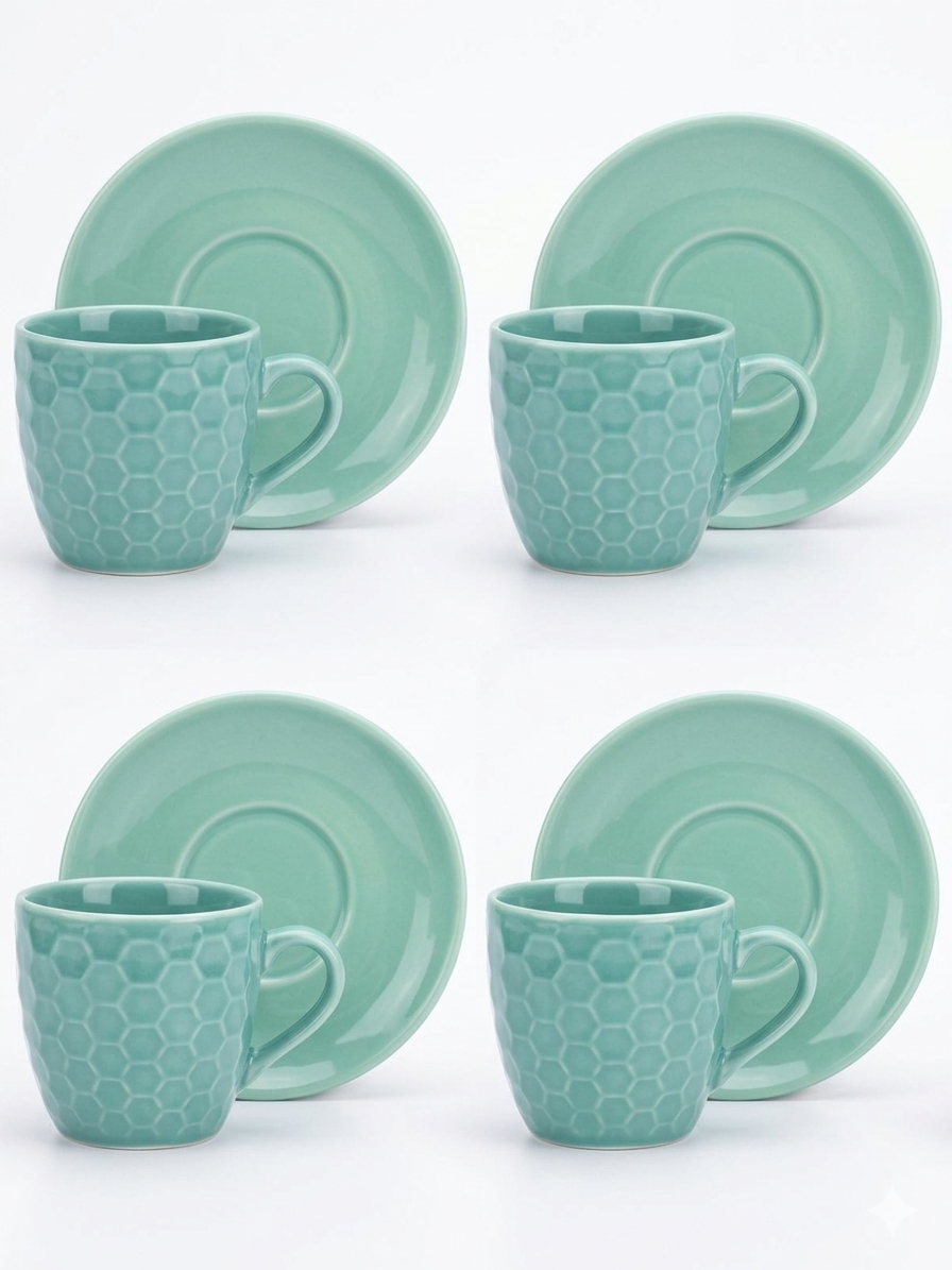 Set 4 cesti espresso cu farfurii, design hexagonal, ceramica, Alpina