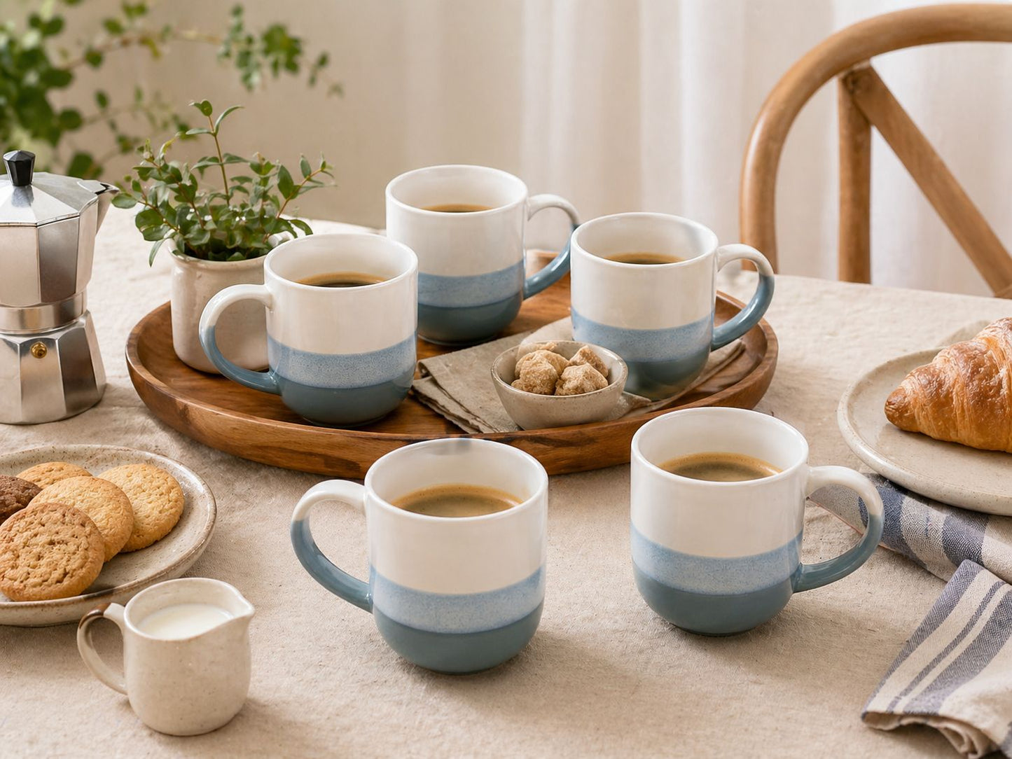 Set 6 cesti cafea cu toarta ceramice, 220 ml, Palermo, design modern alb-albastru pastel