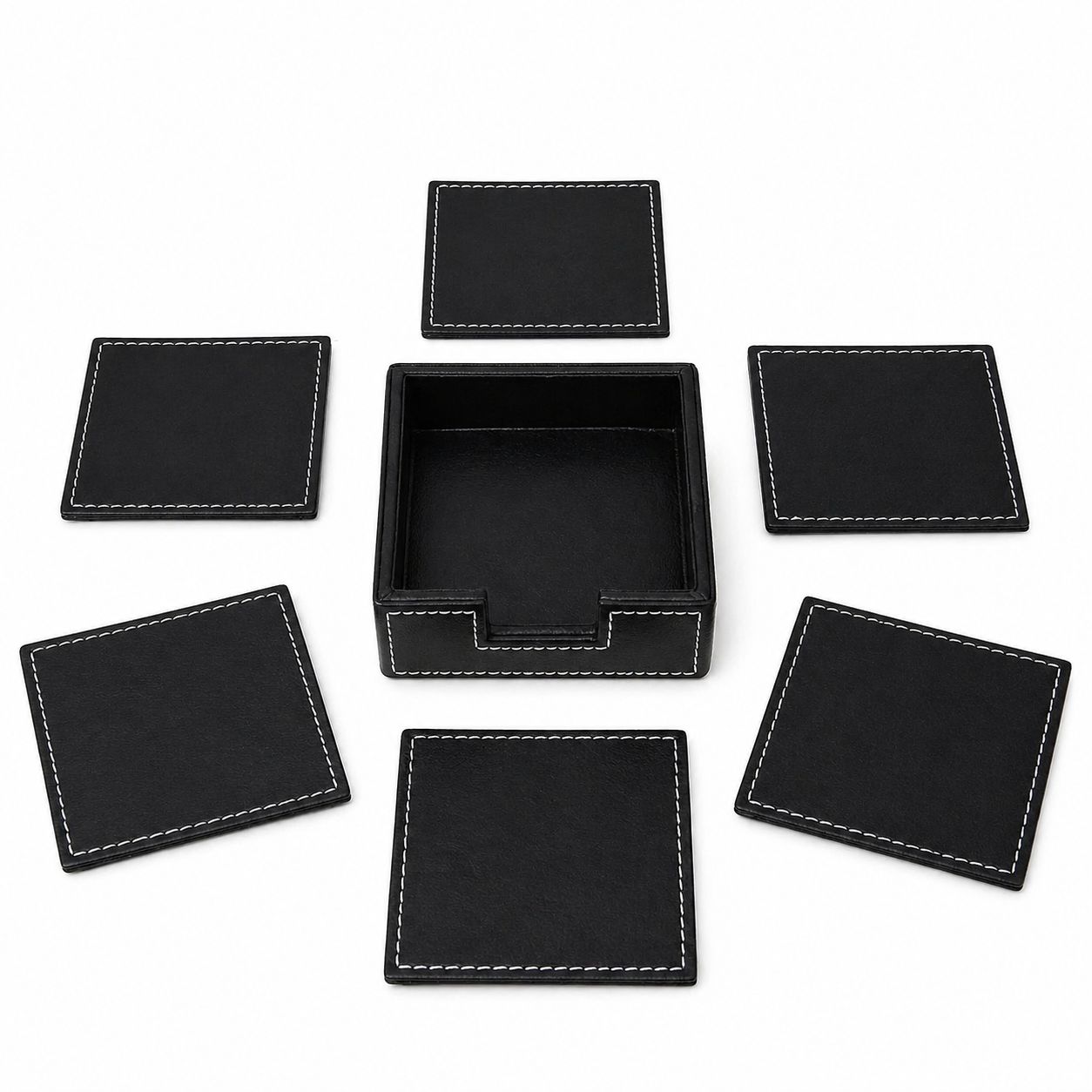 Set 6 suporturi pahare din piele ecologica neagra, in cutie