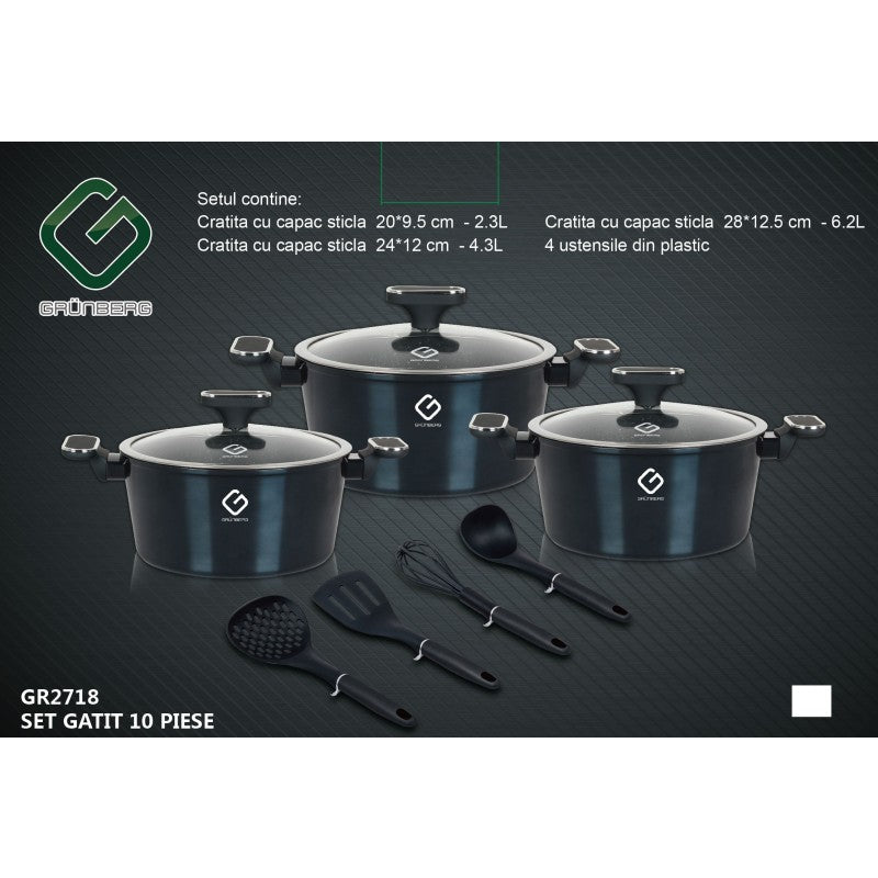 Set 10 piese: 3 vase din aluminiu, compatibile plita inductie, 3 capace sticla, 4 ustensile, Grunberg GR2718 (auriu, rosu, albastru)