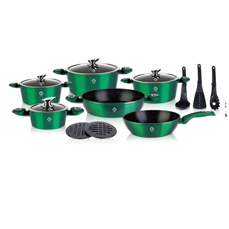 Set 15 piese: 6 vase din aluminiu, compatibile plita inductie, 4 capace, 3 ustensile, 2 suport, Grunberg GR2715 (albastru, rosu, verde)