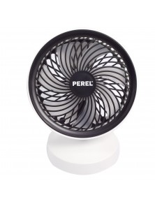Mini ventilator de birou, Perel, 3 trepte, alimentare USB si acumulator, alb, silentios, 16019