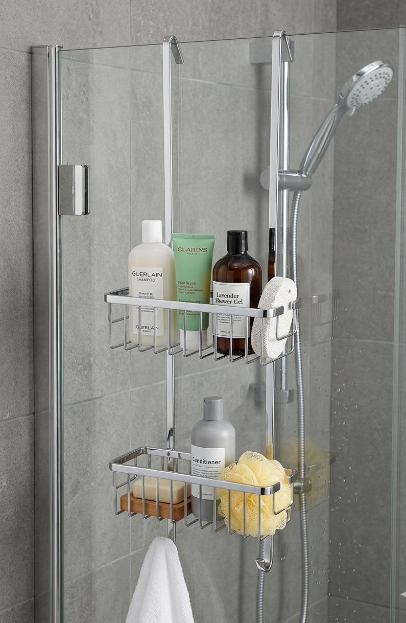 Etajera de dus suspendata, 2 niveluri, inox cromat, montare fara gaurire, cu agatatori prosoape