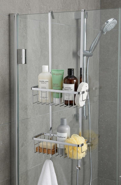 Etajera de dus suspendata, 2 niveluri, inox cromat, montare fara gaurire, cu agatatori prosoape