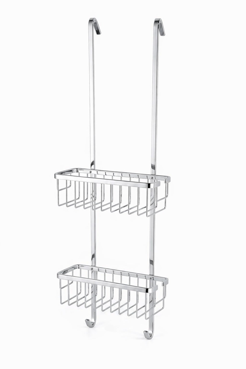 Etajera de dus suspendata, 2 niveluri, inox cromat, montare fara gaurire, cu agatatori prosoape