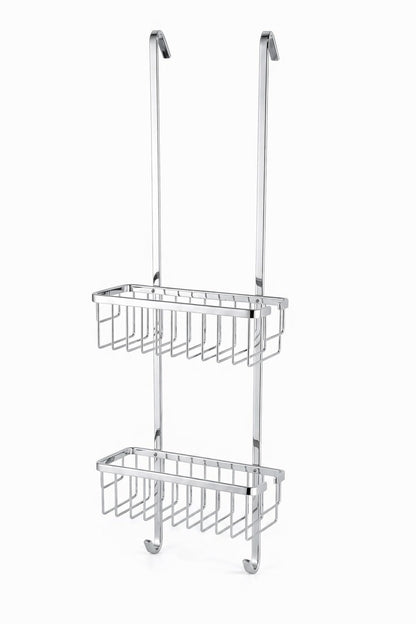 Etajera de dus suspendata, 2 niveluri, inox cromat, montare fara gaurire, cu agatatori prosoape