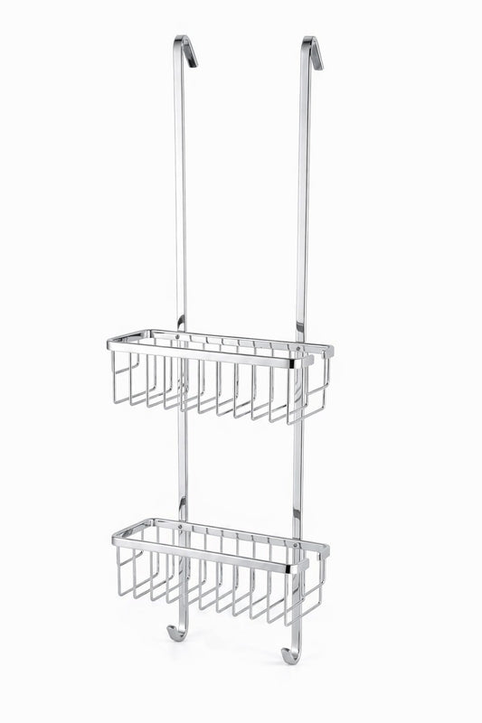 Etajera de dus suspendata, 2 niveluri, inox cromat, montare fara gaurire, cu agatatori prosoape