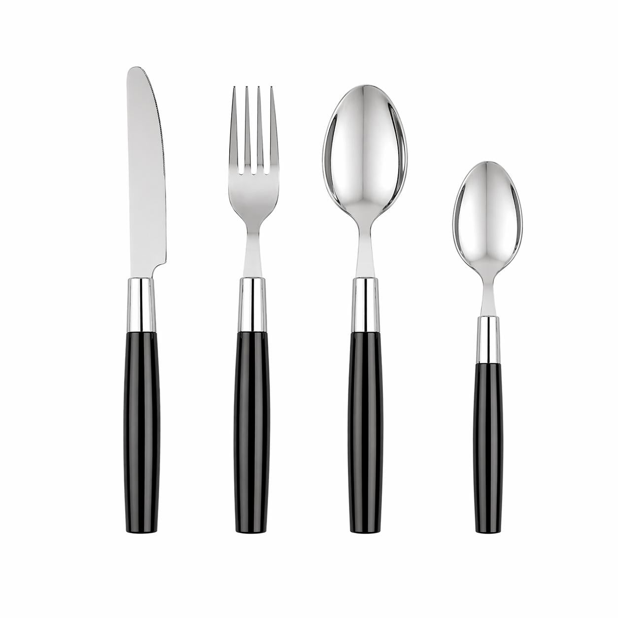 Set tacamuri 16 piese, inox cu maner negru și suport cilindric depozitare, Blokker