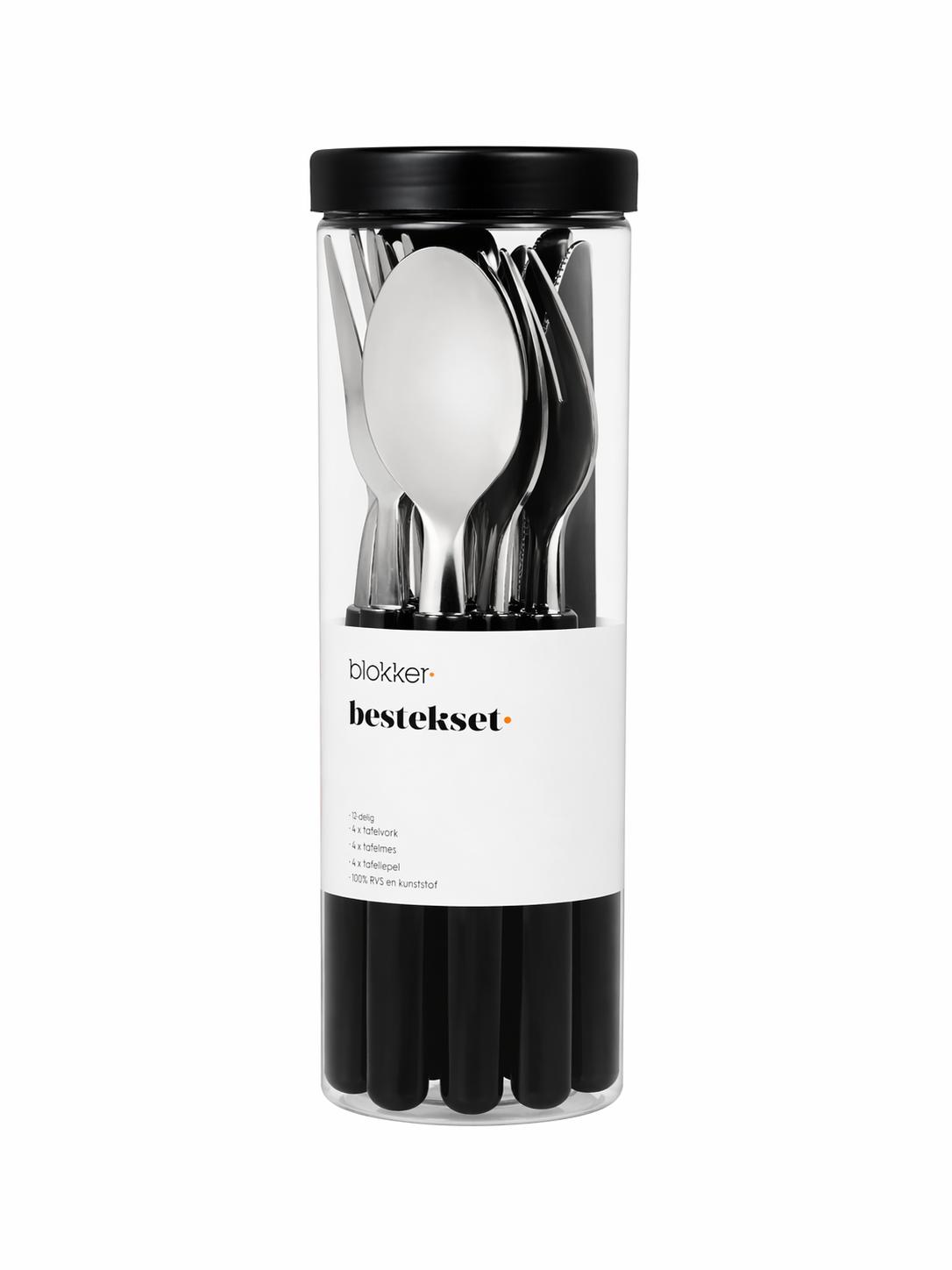 Set tacamuri 16 piese, inox cu maner negru și suport cilindric depozitare, Blokker