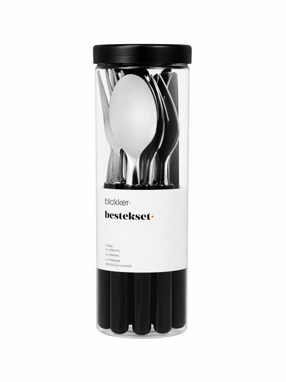 Set tacamuri 16 piese, inox cu maner negru și suport cilindric depozitare, Blokker