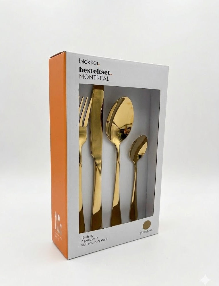 Set tacamuri Montreal din inox 18/10, aurit lucios, 16 piese pentru 4 persoane, design modern elegat