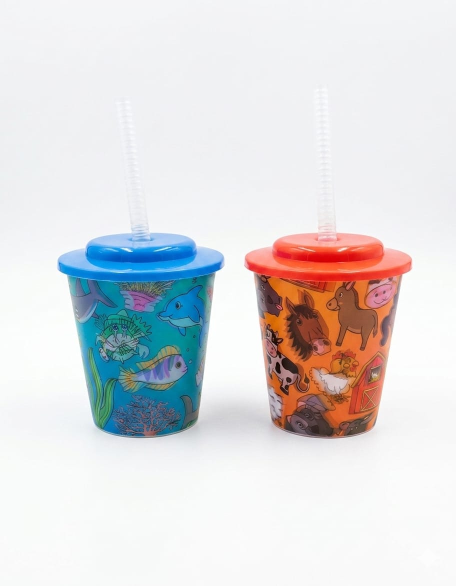 Set 2 pahare copii cu pai și capac, 250ml