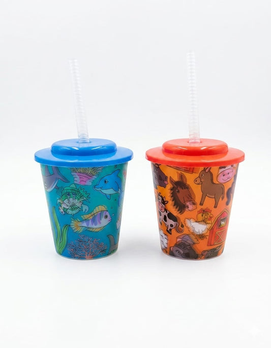 Set 2 pahare copii cu pai și capac, 250ml