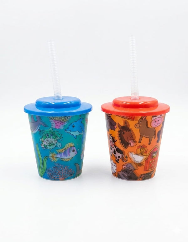 Set 2 pahare copii cu pai și capac, 250ml