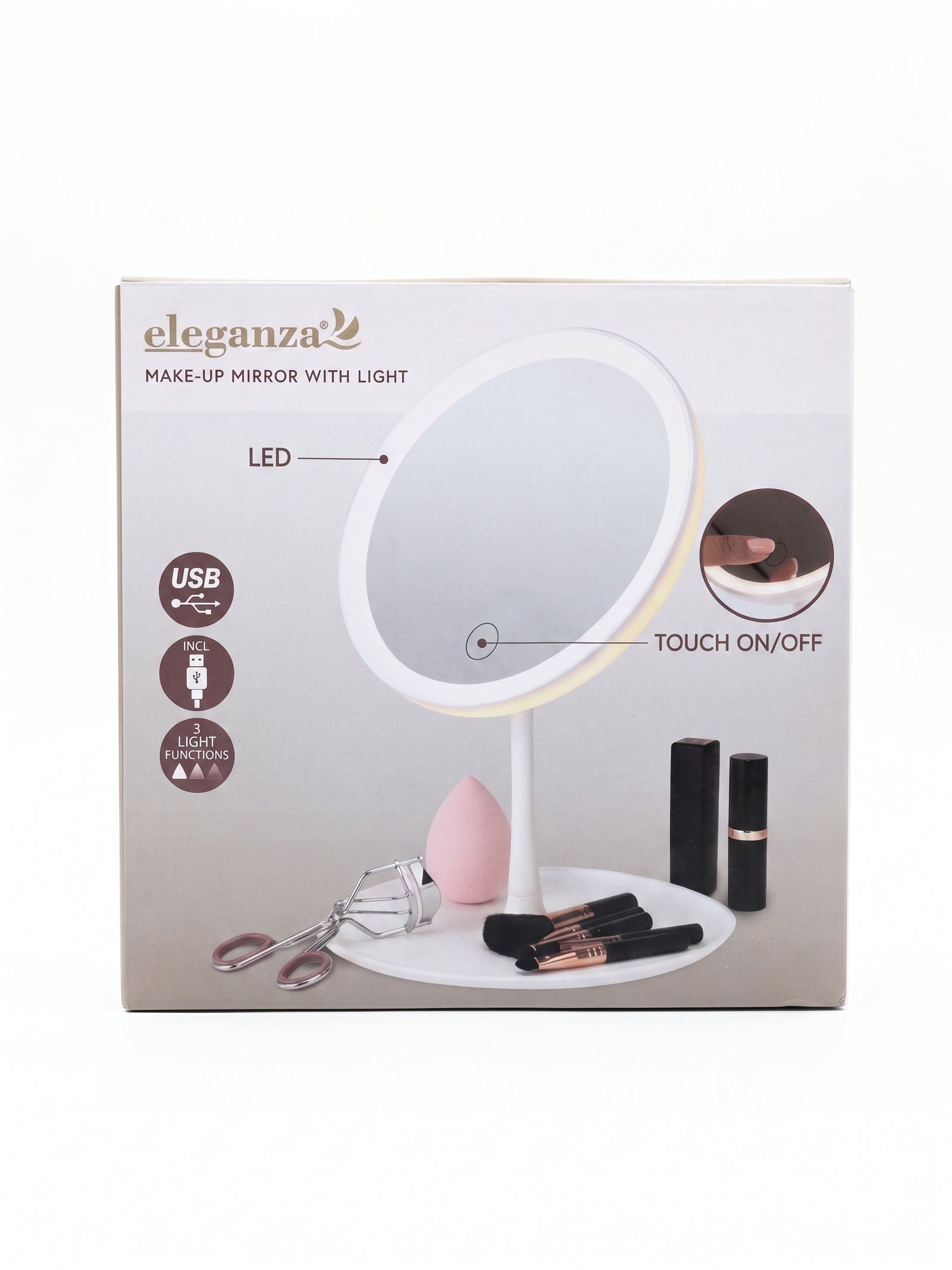 Oglinda make-up cu iluminare led Eleganza, control touch, 3 moduri de lumina, unghi reglabil, acumulator reincarcabil usb 1.200 mAh, alba