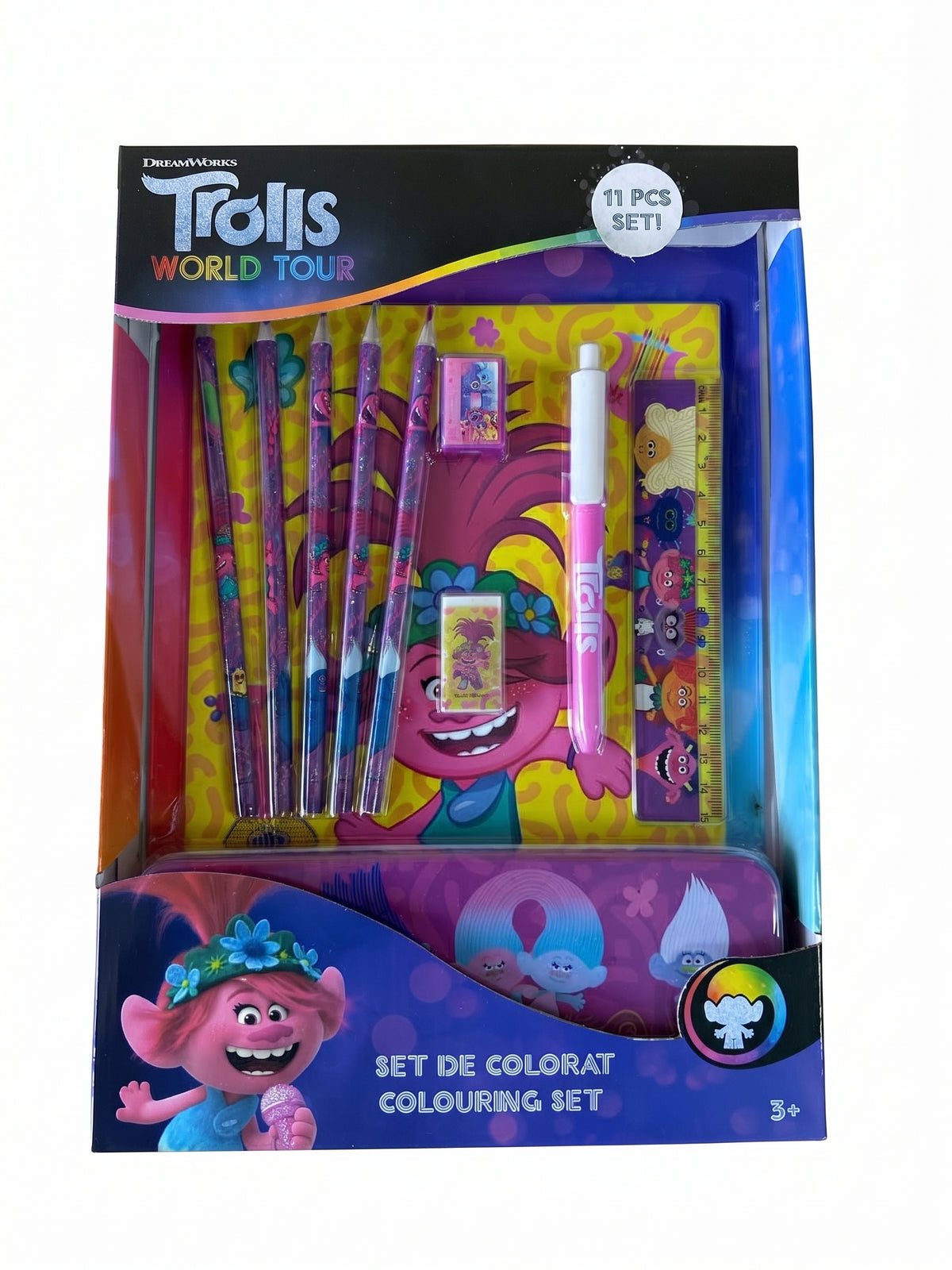 Set papetarie si desen Trolls World Tour 11 piese cu penar metalic si caiet