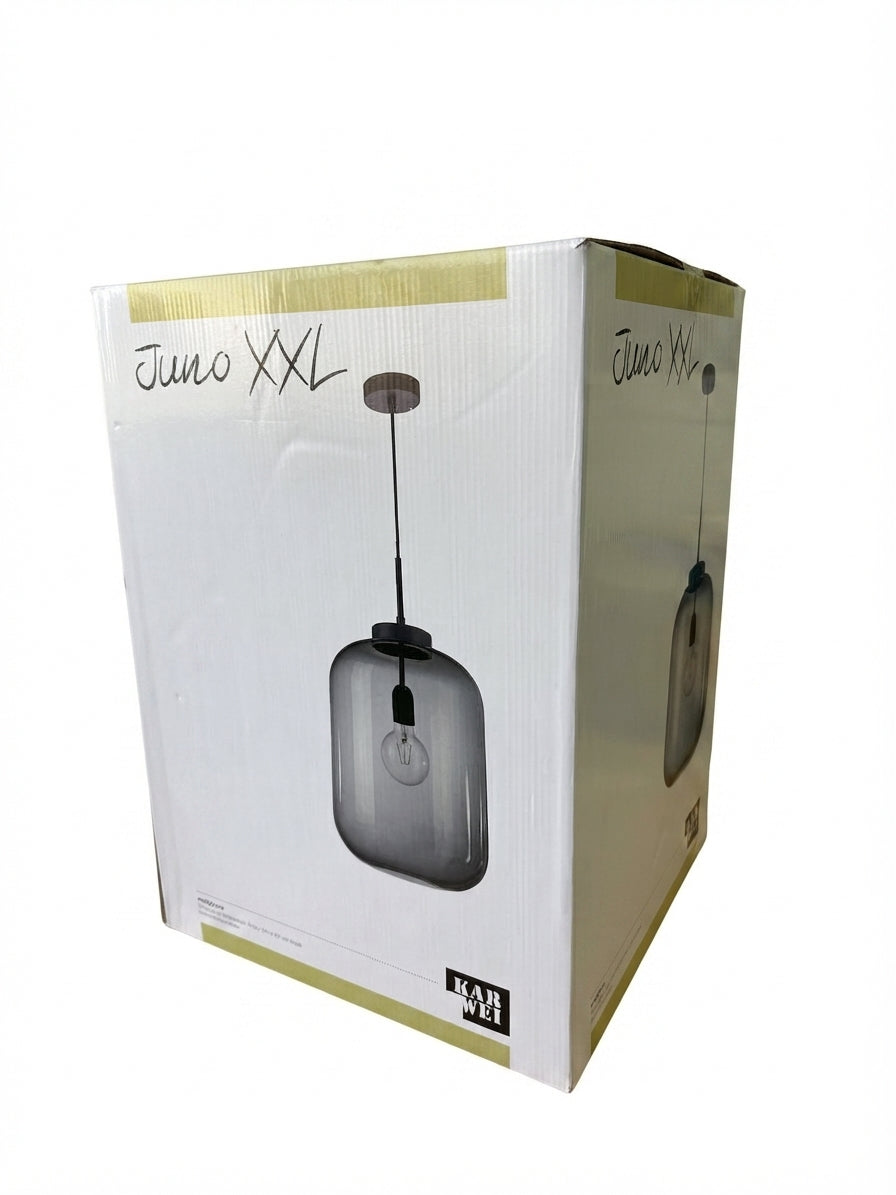 Lustra suspendata moderna Karwei Juno XXL – abajur din sticla fumurie (rookglas), design industrial/elegant