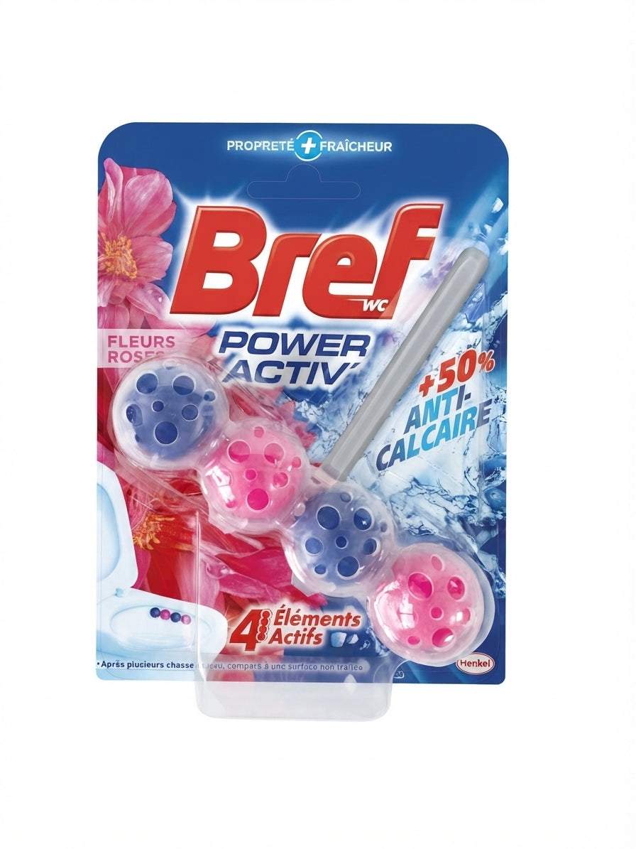 Odorizant wc Bref Power Aktiv Fleurs Roses, 4 elemente active, efect anti-calcar, 50 g