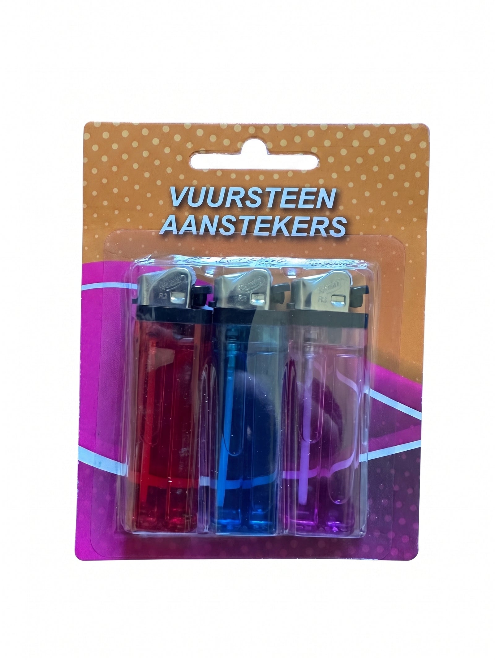 Set 3 brichete clasice cu piatra, reincarcabile, corp transparent colorat (rosu, albastru, roz)