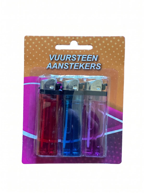 Set 3 brichete clasice cu piatra, reincarcabile, corp transparent colorat (rosu, albastru, roz)