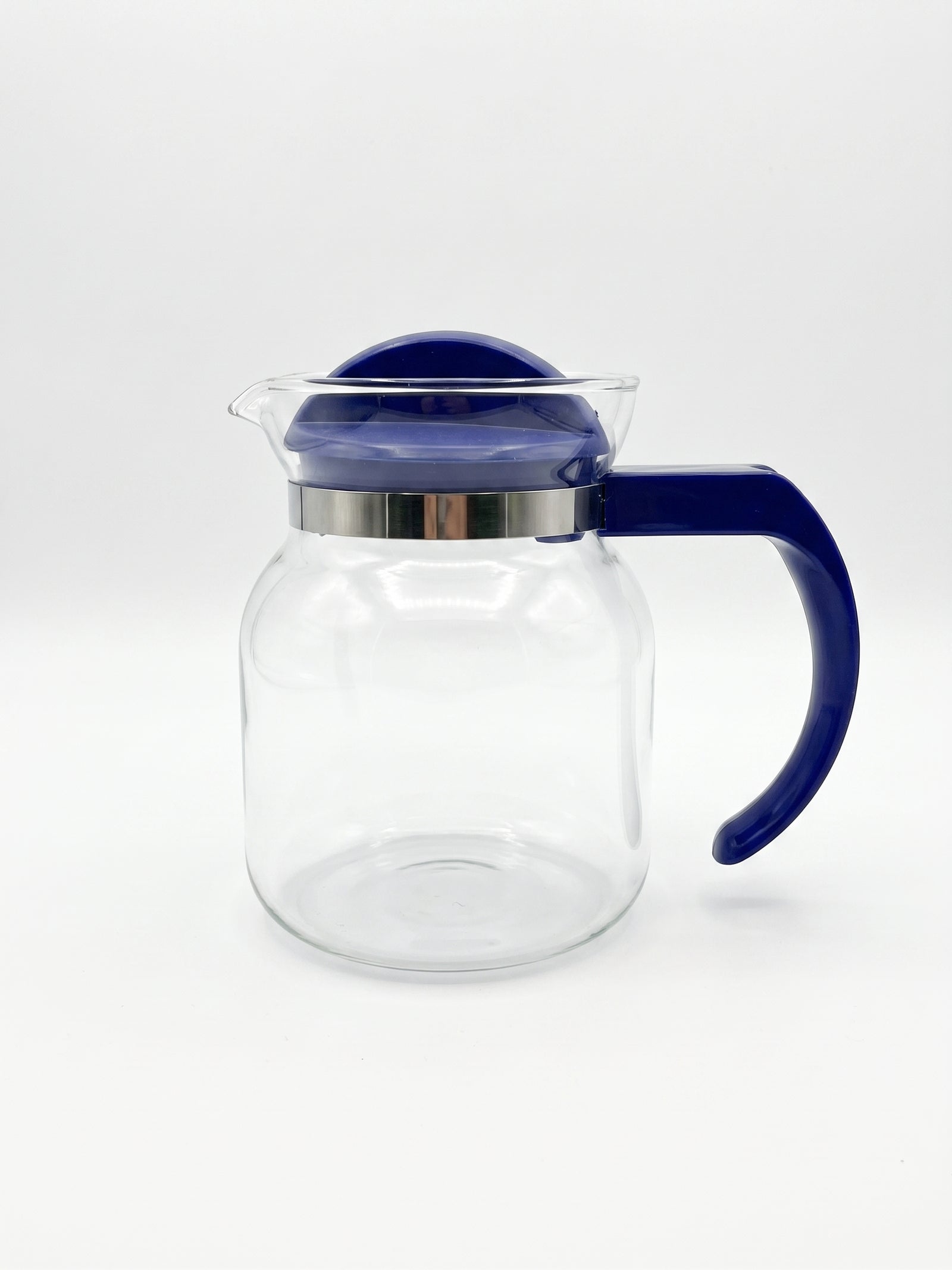 Cana de sticla termorezistenta pentru ceai, cafea si limonada, cu capac si maner albastru, 1 Litru