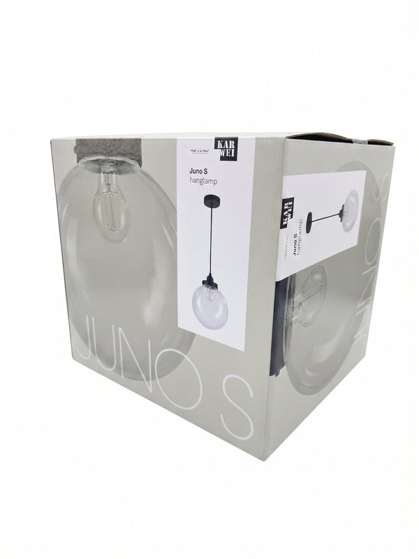 Candelabru / Lustra suspendata moderna Karwei Juno S – design sferic din sticla transparenta si metal negru mat
