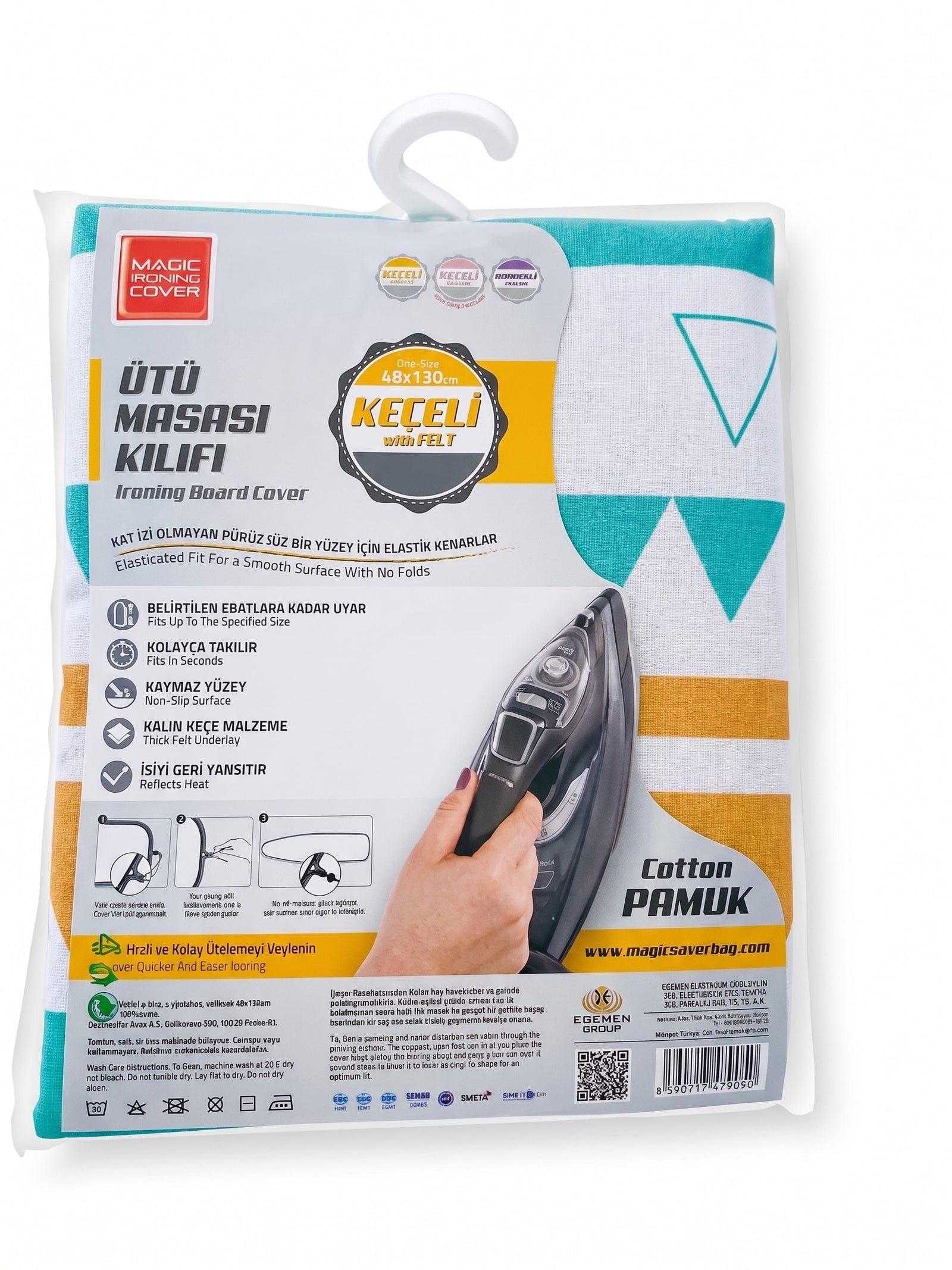Husa masa de calcat cu pasla si elastic magic ironing cover, 130 x 48 cm, bumbac 100%, imprimeu geometric turcoaz galben