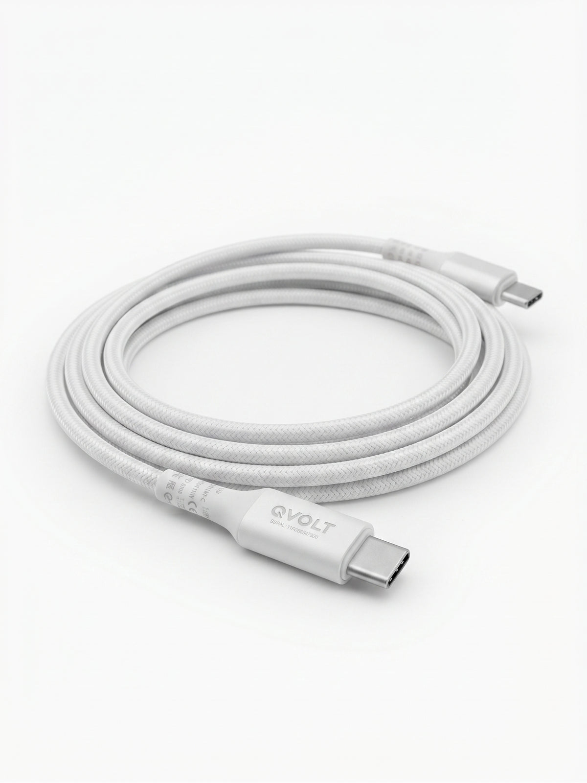 Cablu date si incarcare QVULT USB-C la USB-C, 10W (5.0V-2.0A), lungime 2.5m, impletitura textila din nailon, transfer de date 480Mbps, alb