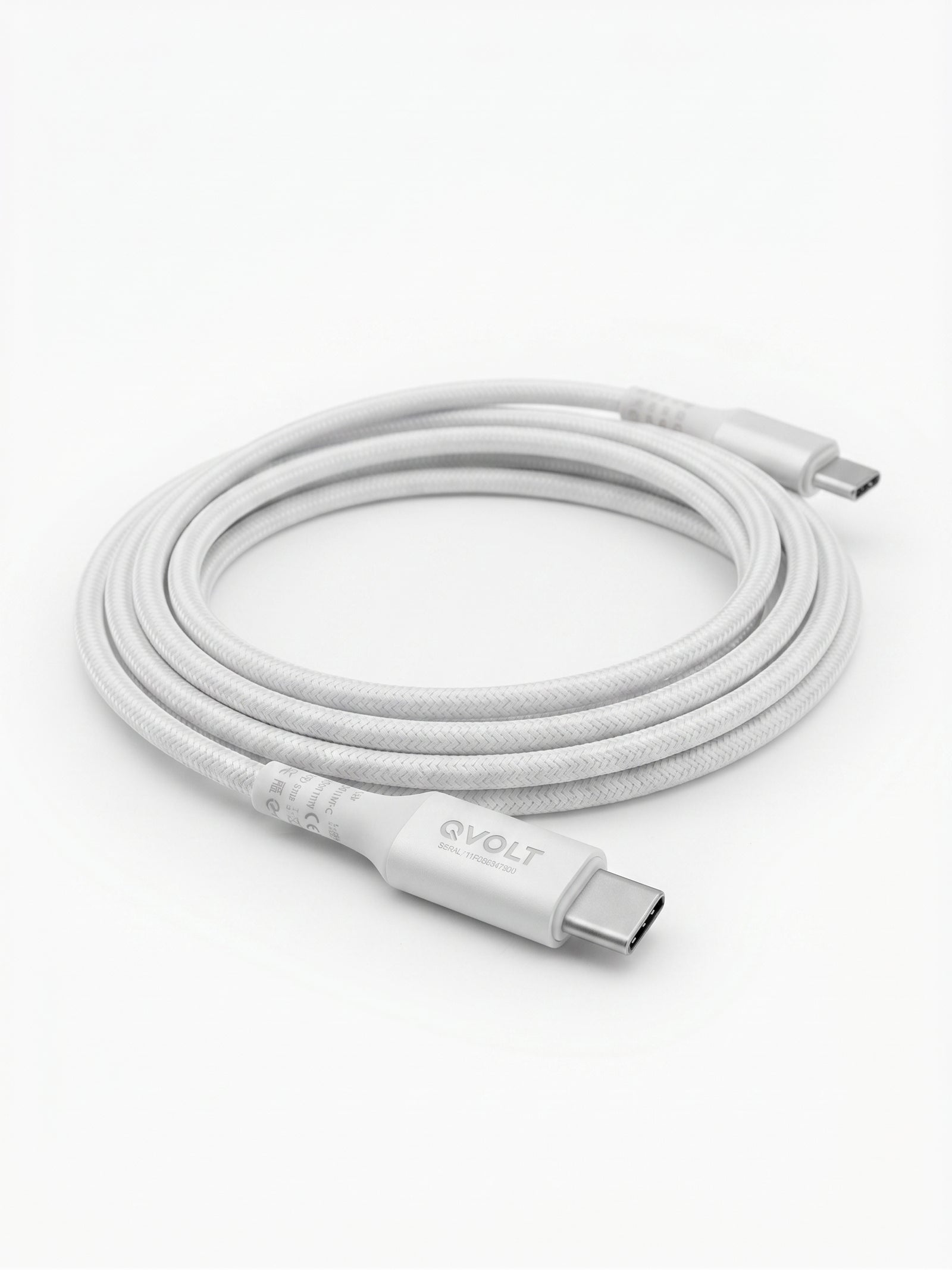 Cablu date si incarcare QVULT USB-C la USB-C, 10W (5.0V-2.0A), lungime 2.5m, impletitura textila din nailon, transfer de date 480Mbps, alb