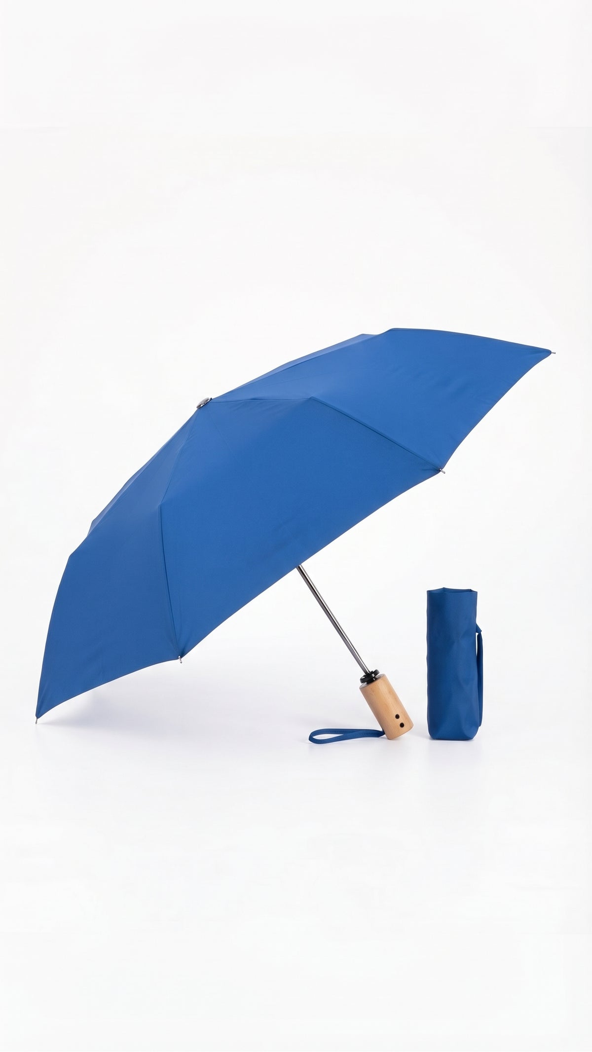 Umbrela pliabila compacta unisex/dama cu maner din lemn si husa, albastra