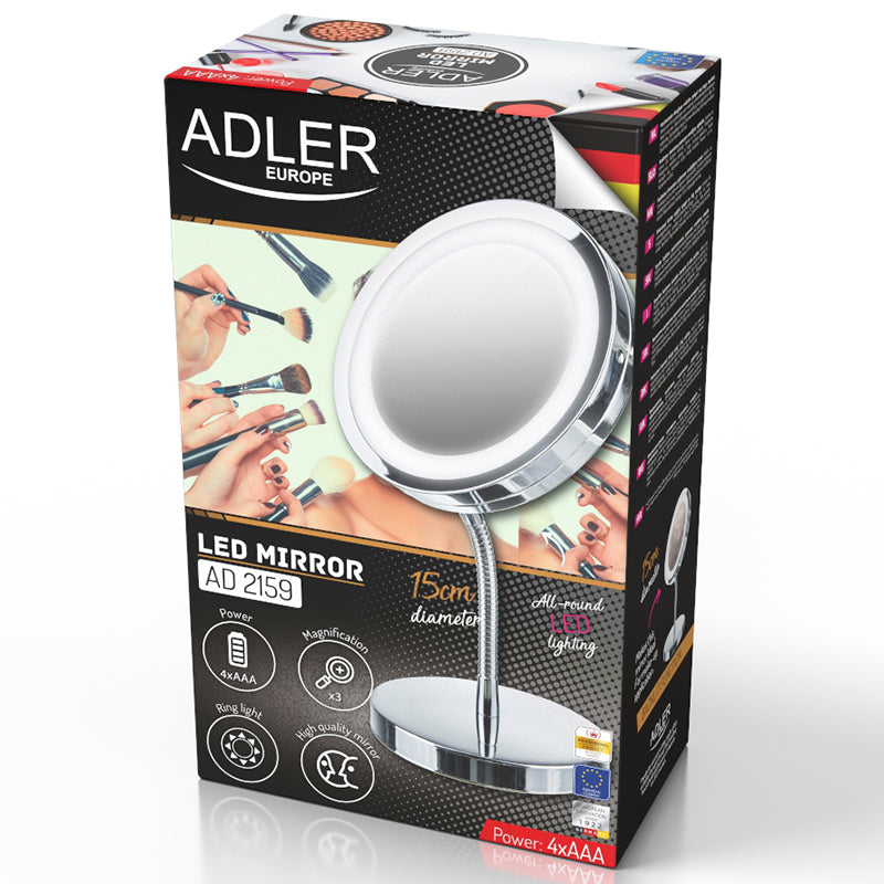 Oglinda de machiaj cu LED marire 3x, diametru 15 cm, Adler