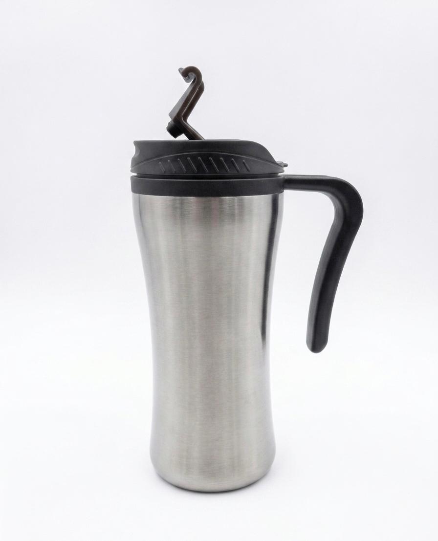 Termos cana inox Home, 500ml – cana de voiaj izotermă cu mâner și capac ergonomic, argintiu/negru