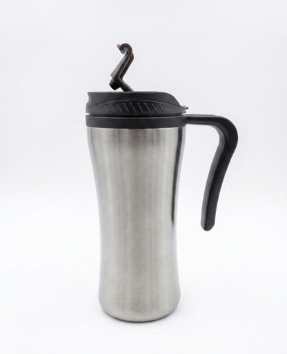 Termos cana inox Home, 500ml – cana de voiaj izotermă cu mâner și capac ergonomic, argintiu/negru