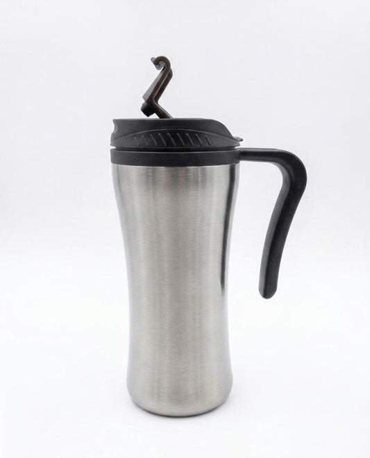 Termos cana inox Home, 500ml – cana de voiaj izotermă cu mâner și capac ergonomic, argintiu/negru