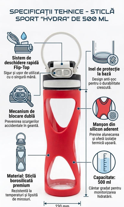 Sticlă de apă din sticlă cu protecție din silicon și capac cu blocare – 500ml, reutilizabilă, fără BPA