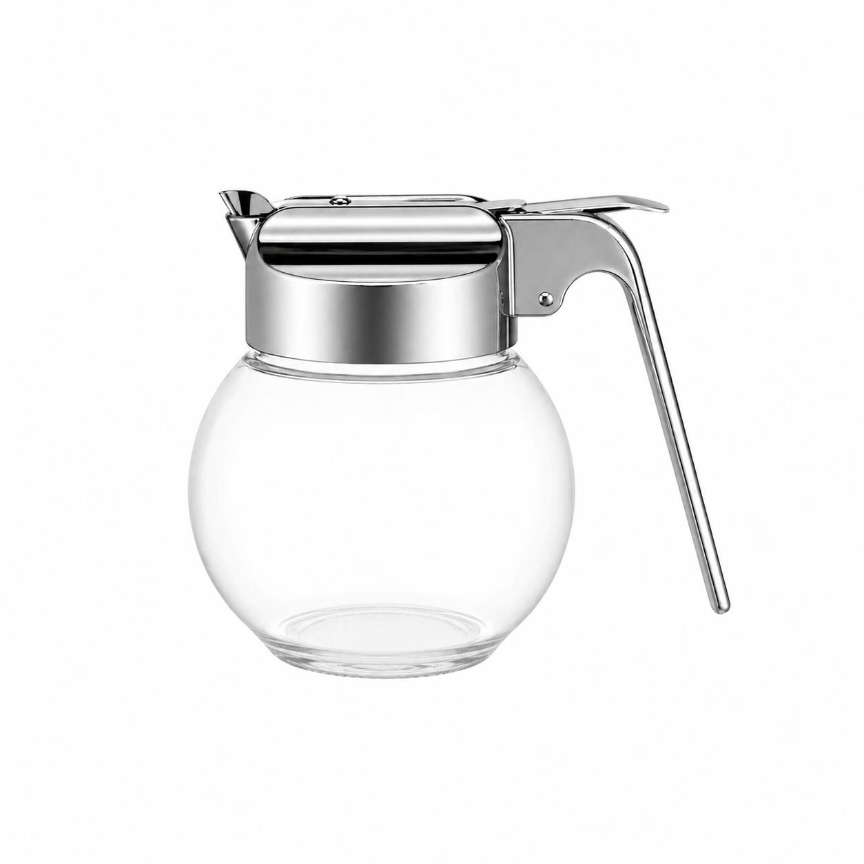 Carafă din sticlă cu capac metalic și mâner ergonomic – recipient pentru sirop, miere sau dressing