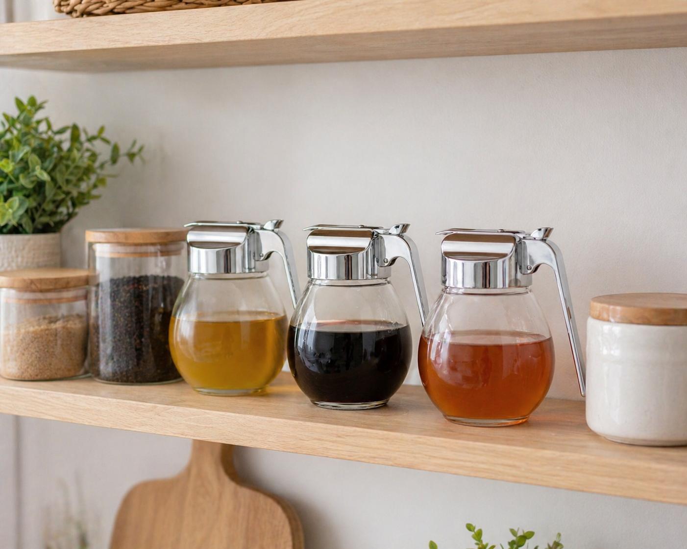 Carafă din sticlă cu capac metalic și mâner ergonomic – recipient pentru sirop, miere sau dressing