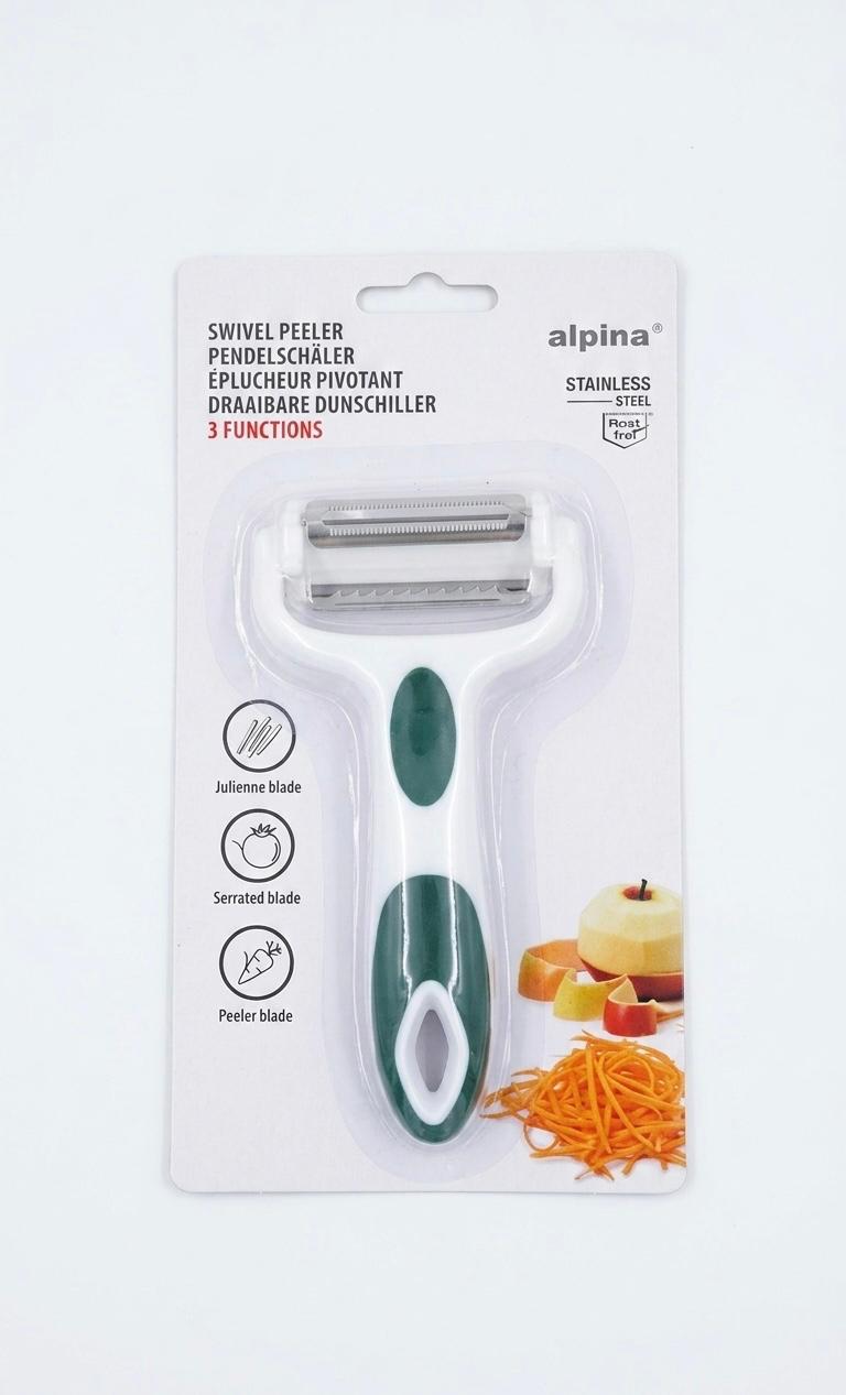 Peeler profesional 3-în-1 Alpina – curățitor rotativ din inox pentru legume și fructe