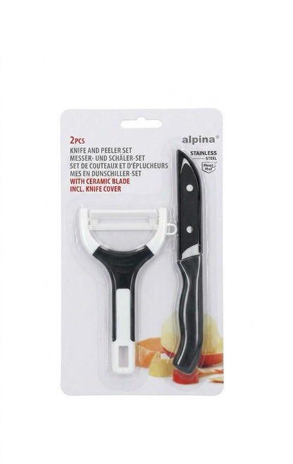 Set bucătărie 2 piese Alpina – cuțit universal cu teacă și curățător legume (peeler), lamă ceramică/inox, negru/alb