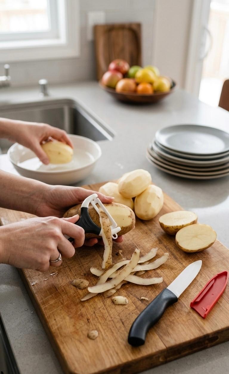 Set bucătărie 2 piese Alpina – cuțit universal cu teacă și curățător legume (peeler), lamă ceramică/inox, negru/alb