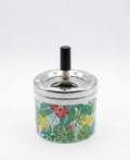 Scrumiera cu piston si capac, design tropical, metal si ceramica