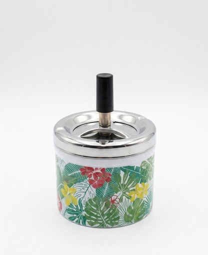 Scrumiera cu piston si capac, design tropical, metal si ceramica