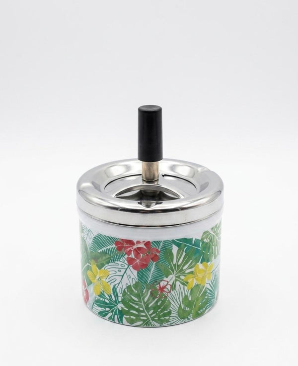 Scrumiera cu piston si capac, design tropical, metal si ceramica