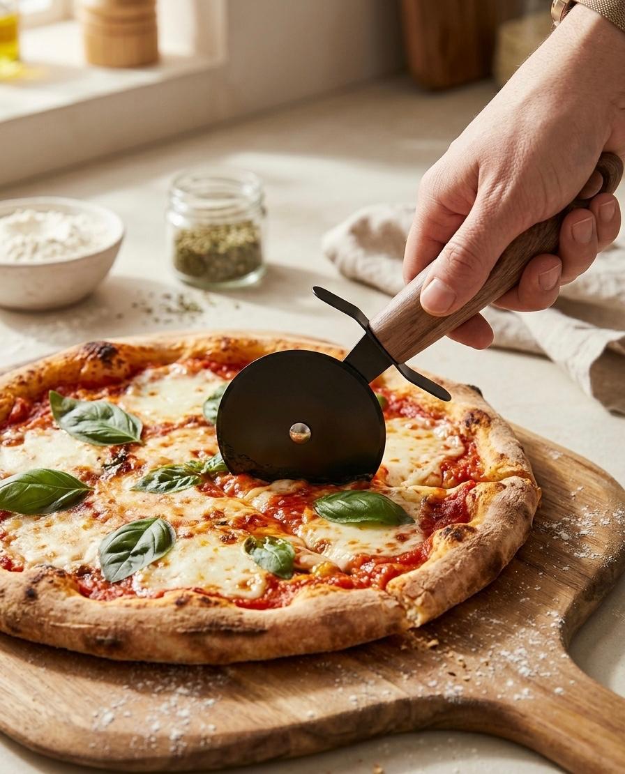 Taietor (feliator) pizza Alpina, lama din inox cu invelis antiaderent și maner ergonomic cu aspect de lemn, 20 cm