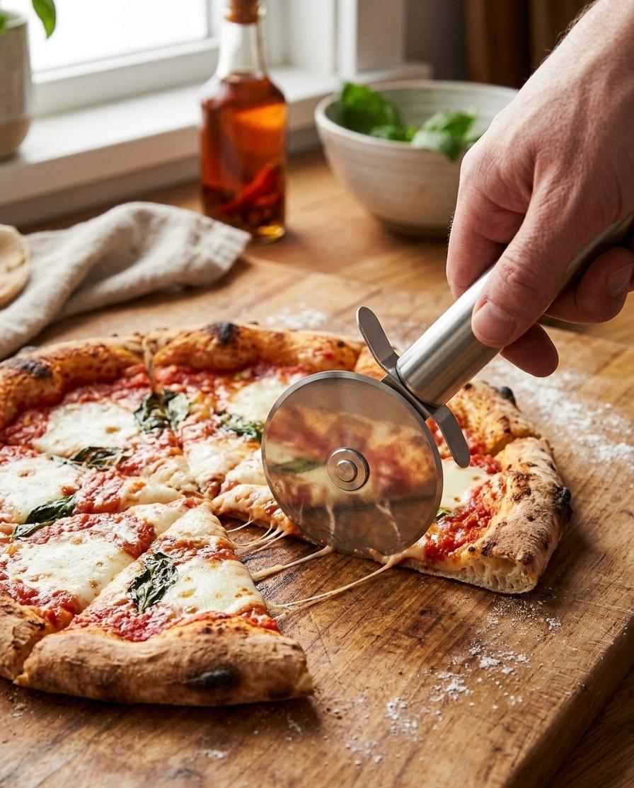 Taietor (cutit) de pizza profesional Blokker din inox – rulou pentru feliere rapida, maner ergonomic, argintiu