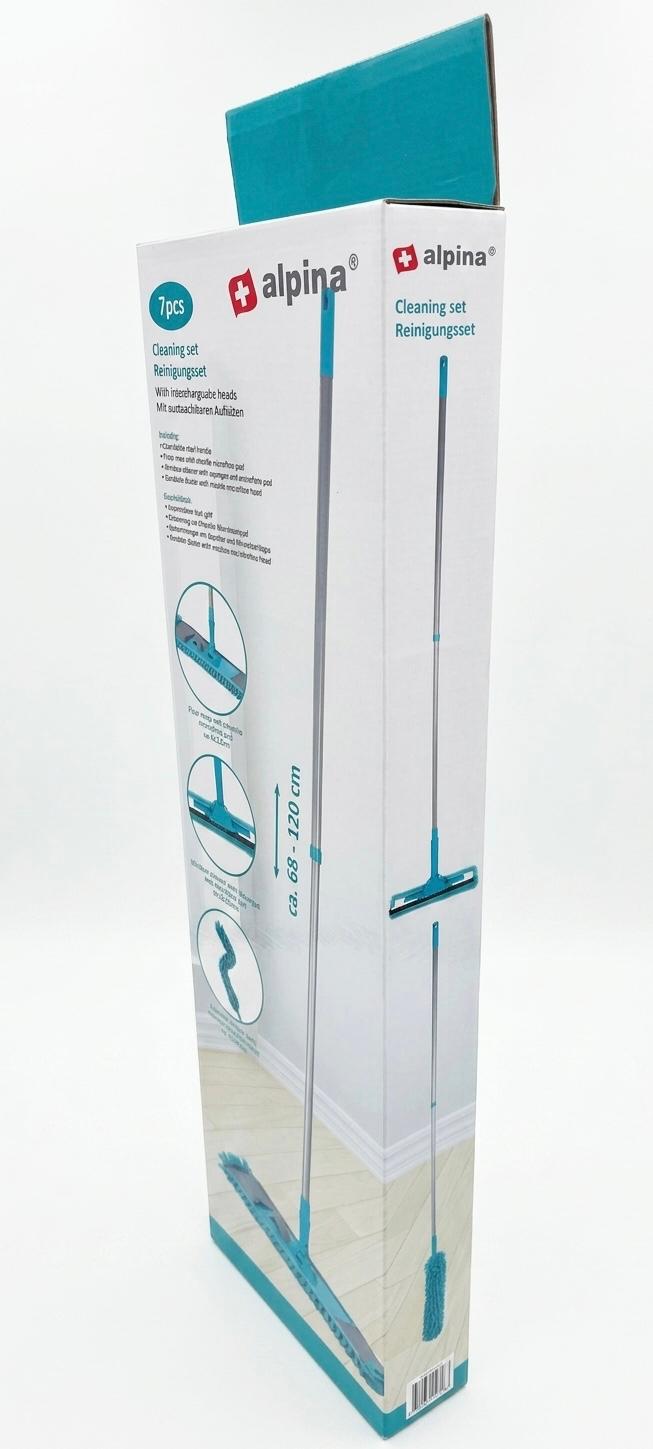 Set curatenie multifunctional Alpina, 7 piese, mop microfibra, curatator geamuri si pamatuf flexibil, maner telescopic 68-120 cm